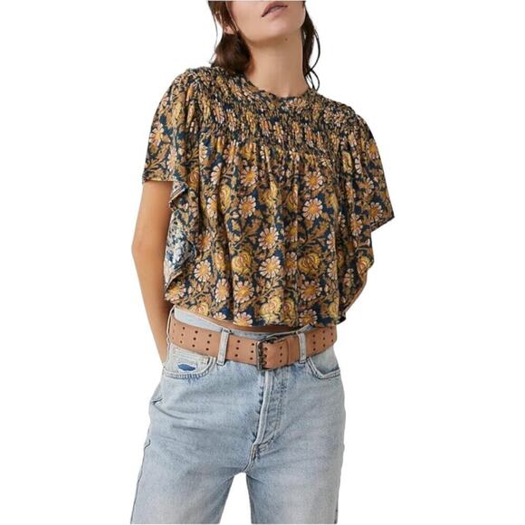 Free People Printed Ruffled Up Linen Top Flutter Sleeves Crewneck Lined Size M - Picture 1 of 7